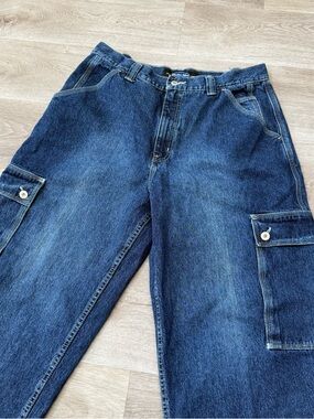 Vintage Anchor Blue Baggy Cargo Denim Jeans 90s Y2K Rave Skater ACTUAL SZ 34x31